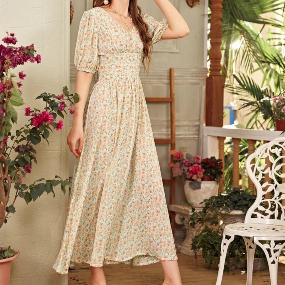 SHEIN | Ditsy Floral Puff Sleeve A-Line Dress